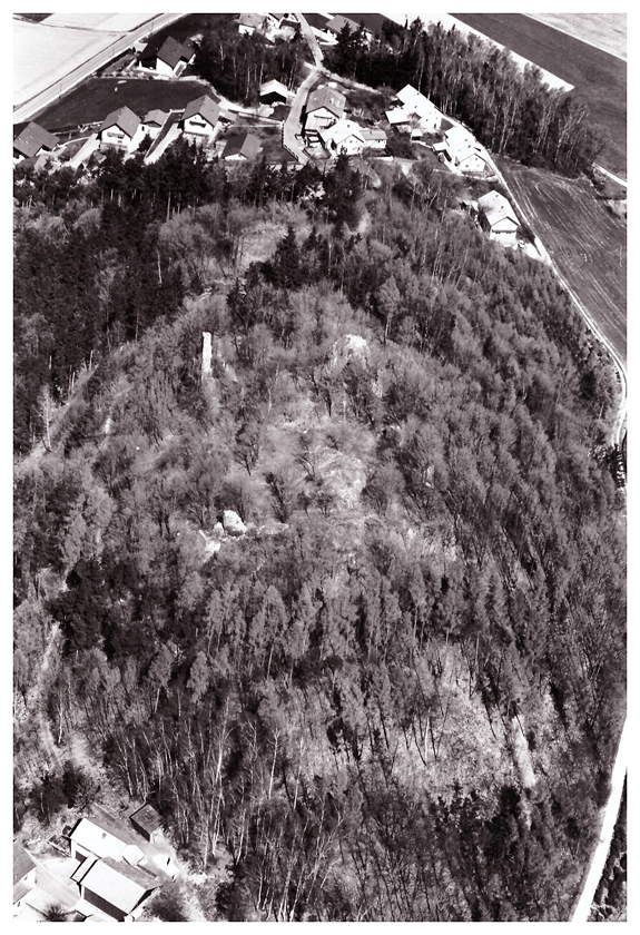 Die Burgruine Runding vor Beginn der Freilegung und Instandsetzung auf einem Luftbild vom 24. April 1988; Foto Otto Braasch.  Quelle: Bayerisches Landesamt für Denkmalpflege, Luftbildarchäologie, Archiv-Nr. 6742/005; SW4888-36.