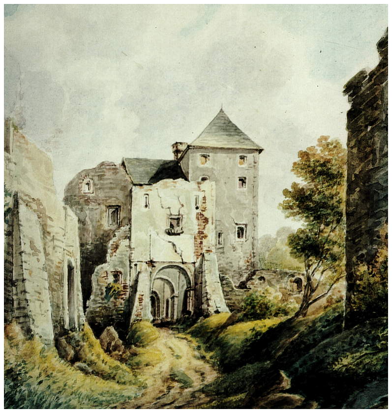 1858, Aquarell von Christian Boesner, Ansicht des Torgebäude von außen.  Quelle: Sammlung Historischer Verein für Oberpfalz und Regensburg.