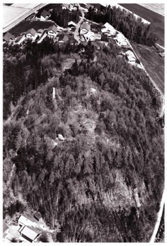  Die Burgruine Runding vor Beginn der Freilegung und Instandsetzung auf einem Luftbild vom 24. April 1988; Foto Otto Braasch.  Quelle: Bayerisches Landesamt für Denkmalpflege, Luftbildarchäologie, Archiv-Nr. 6742/005; SW4888-36. 