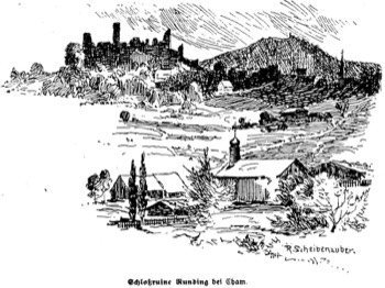  Um 1900, Ansicht der Ruine vom Ortsteil Garten; Federzeichnung von Rudolf Scheibenzuber. Quelle: Rosi Stelzl 