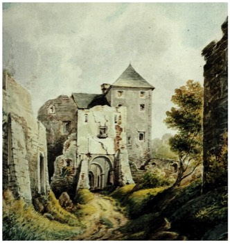 1858, Aquarell von Christian Boesner, Ansicht des Torgebäude von außen.  Quelle: Sammlung Historischer Verein für Oberpfalz und Regensburg.