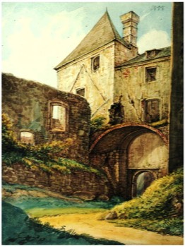 1858, Aquarell von Christian Boesner, Ansicht des Torgebäudes vom Innenhof. Quelle: Sammlung Historischer Verein für Oberpfalz und Regensburg